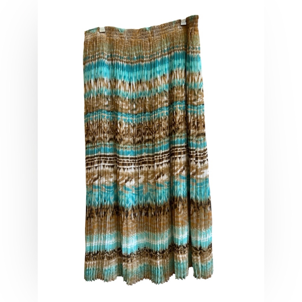 Alfred Dunner Southwestern Turquoise Brown Pleated Maxi Skirt Boho Size 12 - Picture 3 of 4